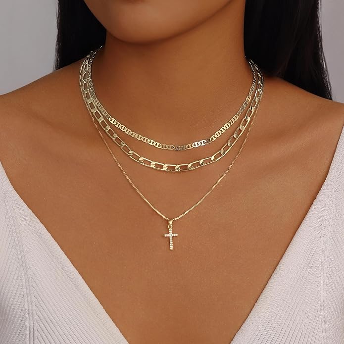 Evabelle Gold Layered Necklace for Women Trendy Jewelry 14K Real Gold Plated Chunky Chain Stackable Necklaces Dainty Choker Necklaces Rectangle Square Pendant