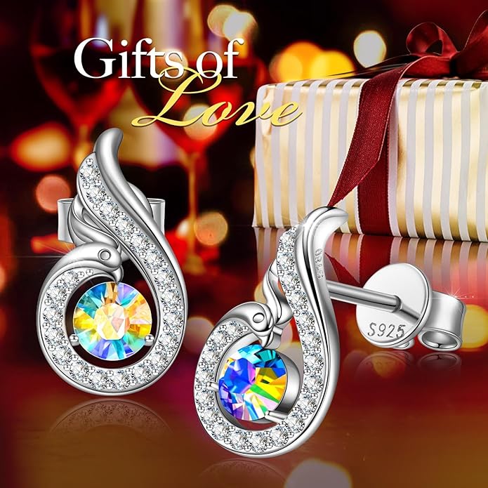 Kate Lynn "Rise From the Ashes" Sterling Silver Phoenix Earrings, Stud Earrings with Crystals from Austria, Packaged with Jewelry Box, Birthday Gifts for Women, Symbol of Luck and Renewal