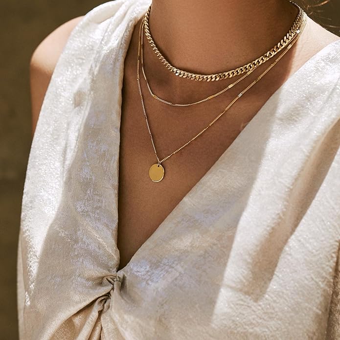 Evabelle Gold Layered Necklace for Women Trendy Jewelry 14K Real Gold Plated Chunky Chain Stackable Necklaces Dainty Choker Necklaces Rectangle Square Pendant