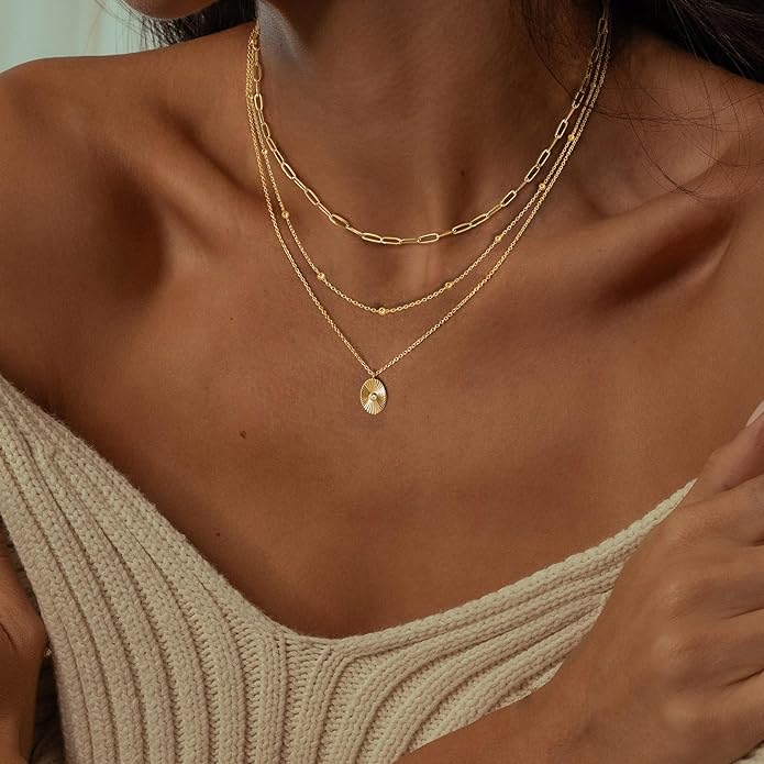 Layered Necklaces for Women,Dainty 14k Gold Plated CZ Layered Choker Necklace for Women Trendy Non Tarnish Hypoallergenic Beaded Paperclip Chain Necklace Stack Women's Minimalist Gold Jewelry Gifts
