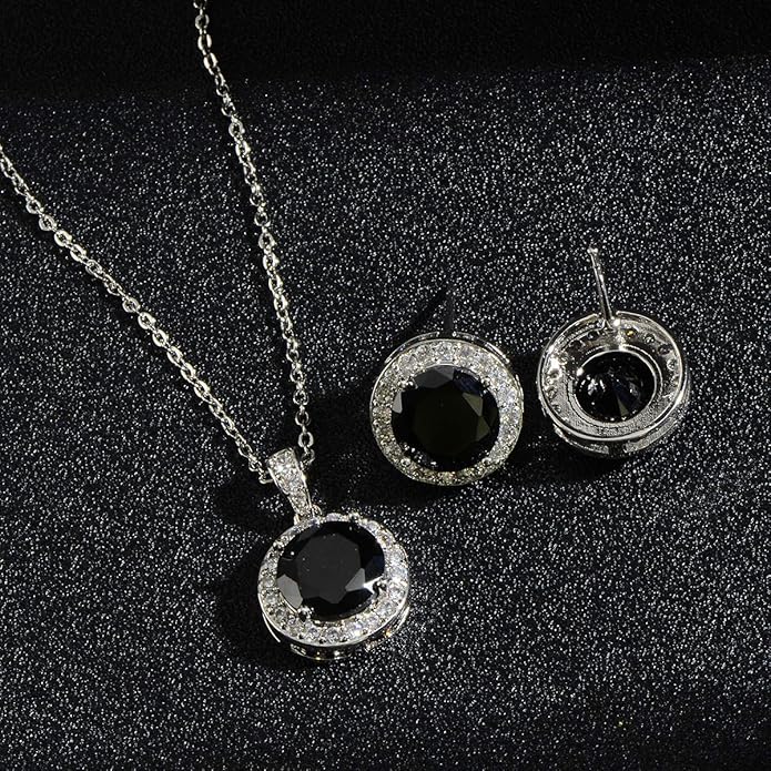 Bridal Crystal Jewelry Set - Sterling Silver Round Cubic Zirconia CZ Rhinestone Halo Birthstone Pendant Necklace Stud Earrings Set for Wedding Bride Bridesmaids Birthday Gift
