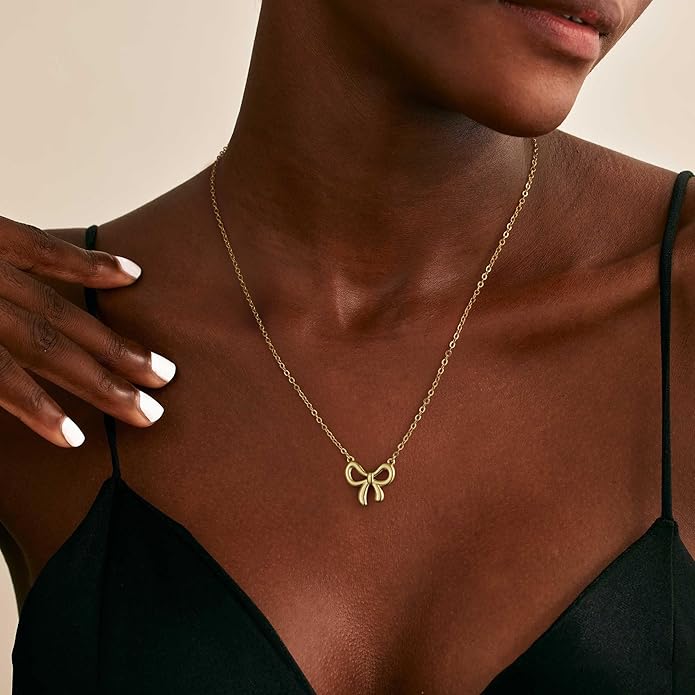 Valentines Day Gifts for Her - Dainty Bow Necklace for Women 14K Gold Plated Cute Choker Small Pendant Charm Necklaces Teen Gift Trendy Stuff Personalized Jewelry