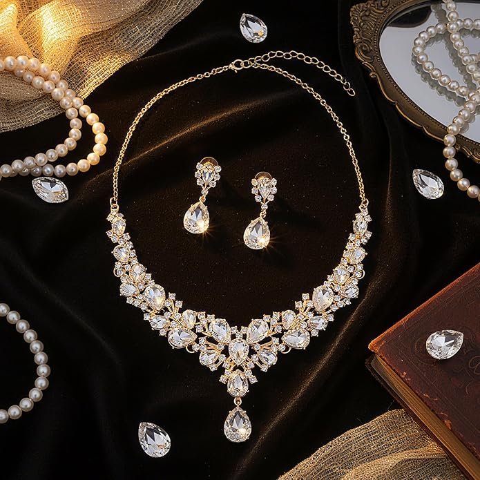 Hicarer Bridal Teardrop Cluster Crystal Jewelry Set for Women Necklace Earrings Wedding