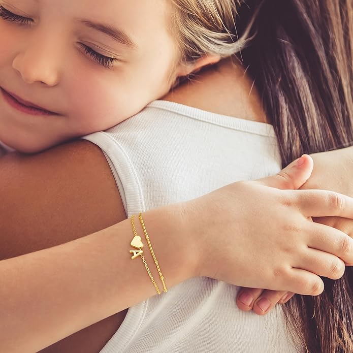 M MOOHAM Valentines Day Gifts for Kids Teen Girls -14K-Gold-Plated Heart Initial A-Z Bracelets for Women Girl Dainty Gold Bracelets Birthday Valentines Gifts for Women Her Teenage Girls Kid Teen Gift