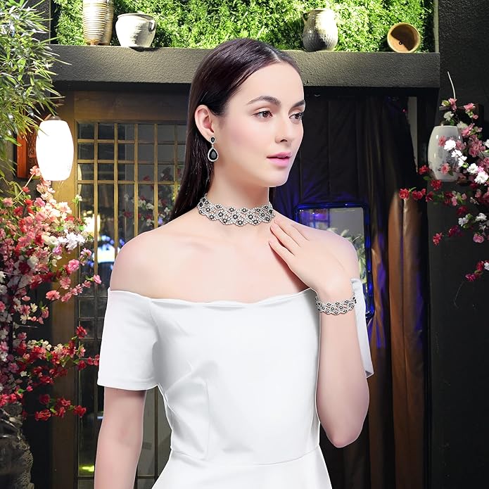 3/4 Pieces Women Jewelry Set Artificial Rhinestone Crystal Bride Statement Choker Necklace Tiara Crown Link Bangle Bracelet Teardrop Dangle Earrings Set