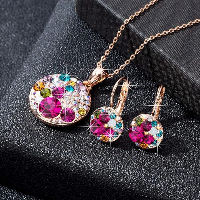 EVEVIC Austrian Crystals Round Disc Pendant Necklace Earrings for Women 14K Gold Plated Hypoallergenic Jewelry Sets
