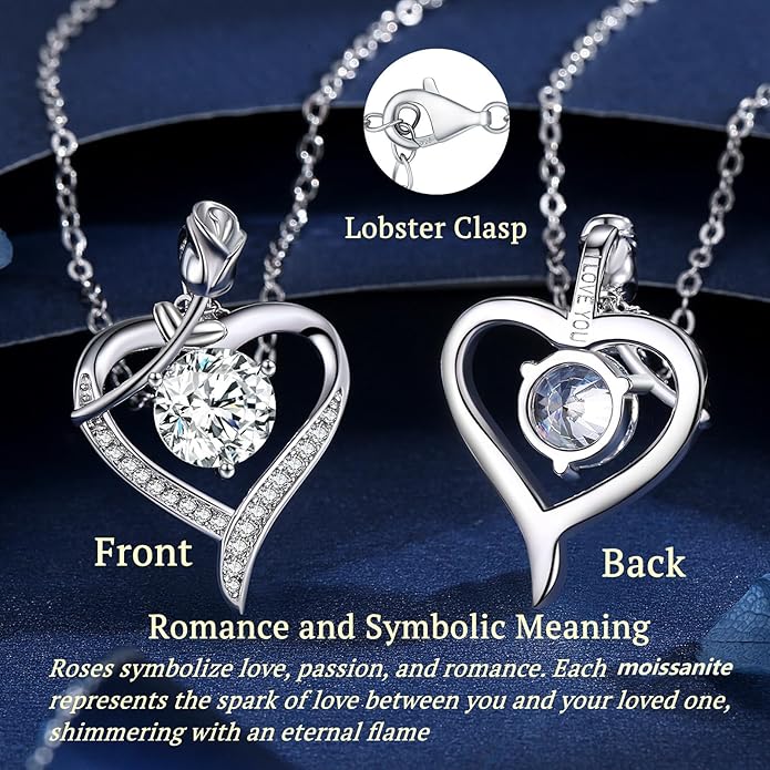 Rose Heart Pendant Necklace for Wife Moissanite Lab-Created Gem Jewelry for Women I Love You Wedding Anniversary Birthday Christmas Valentines Engagements Mothers Day for Her Girlfriend Mom Daughter