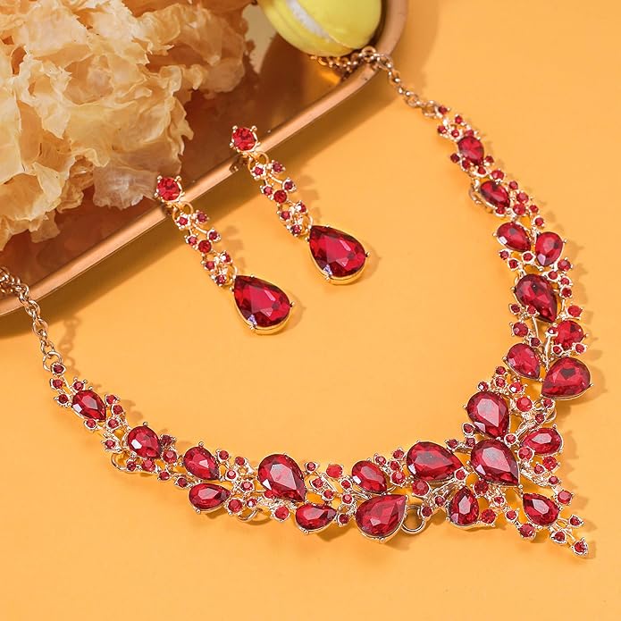 3/4 Pieces Women Jewelry Set Artificial Rhinestone Crystal Bride Statement Choker Necklace Tiara Crown Link Bangle Bracelet Teardrop Dangle Earrings Set