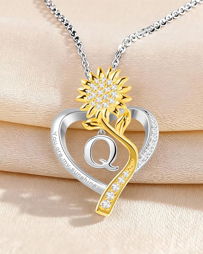 Birthday Gifts for Women Preserved Real Rose with Sunflower Initial Necklace - Birthday Gifts for Women Her Mom Wife on Valentines Mothers Day Christmas Anniversary Romantic with Pendant Q