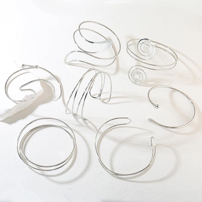 8PCS Upper Arm Cuff Bracelets for Women Gold Silver Arm Band Cuff Bangle Bracelet Adjustable Minimalist Coil Armband Armlet Set