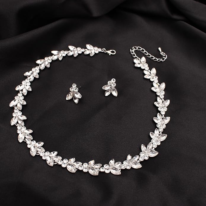Bridal Wedding Crystal Leaf Choker Necklace Dangle Earring Bracelet Brides Bridesmaid Jewelry Set for Women