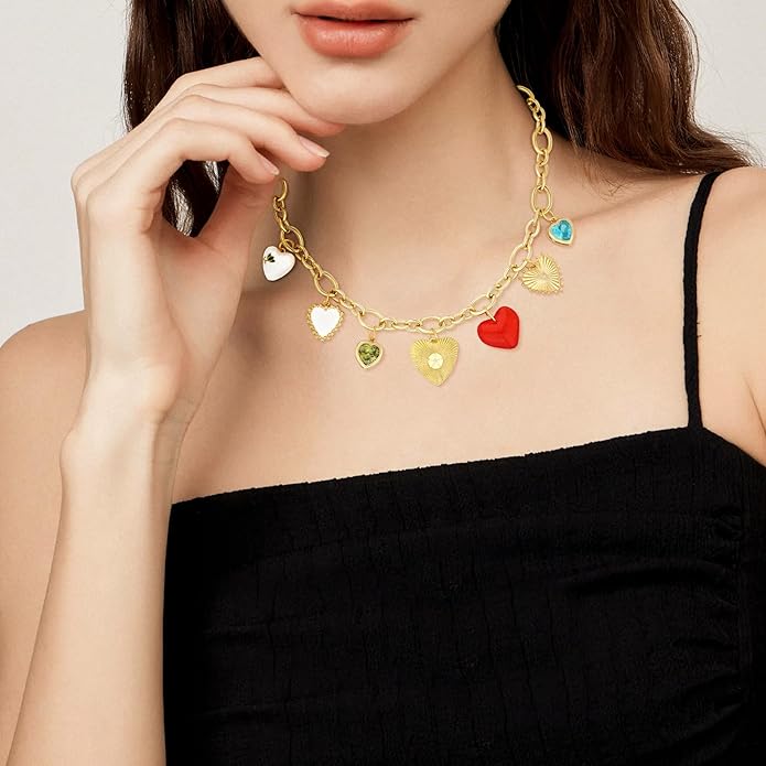 Charm Necklace for Women Gold Evil Eye Sun Moon Flower Coin Pendant Necklace Dainty Paperclip Chain Vintage Luck Amulet Choker Necklaces Celestial Jewelry Gift