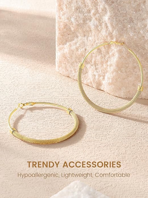 KeyStyle Mesh Hoop Earrings for Women, Stainless Steel Gold Hoops Earring Lightweight Loops, 2MM Thick Hypoallergenic Circle Endless Hollow Hoop 20mm-80mm