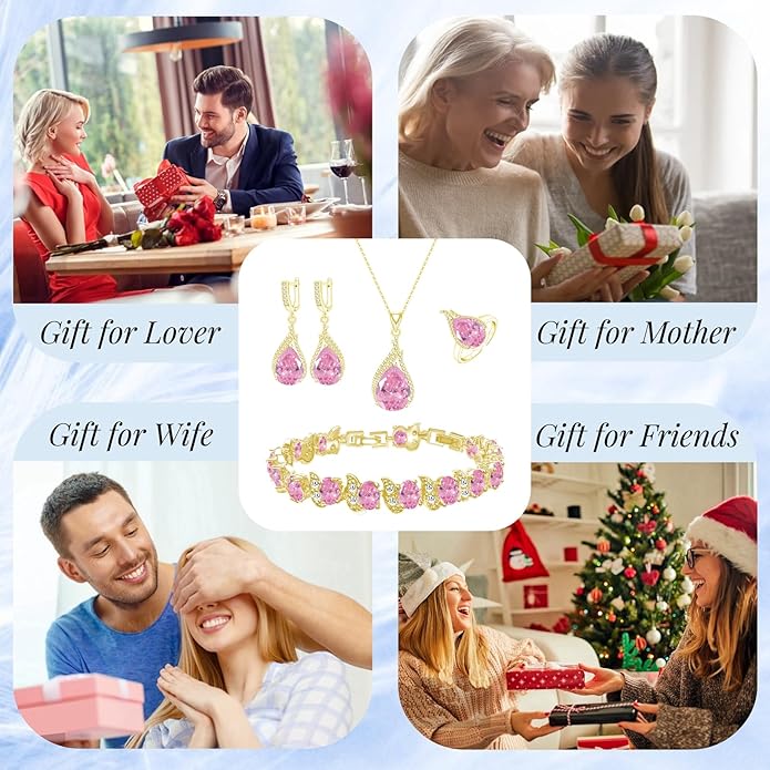 GZWHD Jewelry Set for Women CZ Earrings Necklace Ring Bracelet Set Prom Party Wedding Jewelry Gift for Mother Friend Wife