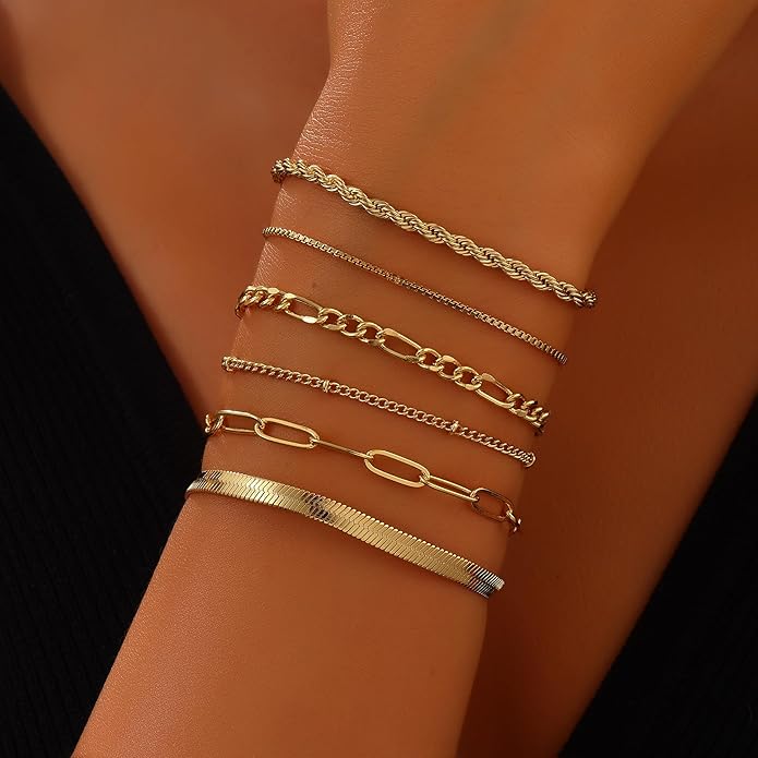 Gold Bracelets for Women, 18K Gold Plated Dainty Paperclip Link Chain Bracelets Thin Cute Stackable Bracelet Pack Fashion Accessories Gifts for Women