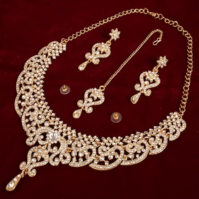 Touchstone Indian jewelry set for women bollywood gold jewellery wedding outfits necklace sets earrings bridal maang tikka fancy costume girls big desi accessories rhinestone in gold or silver tone