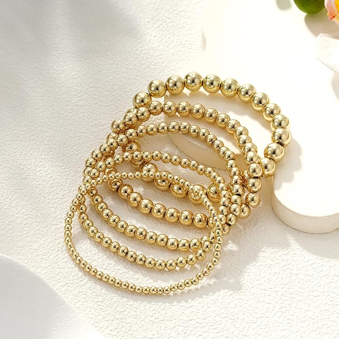 Gold Bead Bracelets for Women Girls - 14K Gold Plated Dainty Round Bead Ball Pearl Cross Bracelet Stack for Women Teenage Girls Stackable Jewelry Christmas Gifts