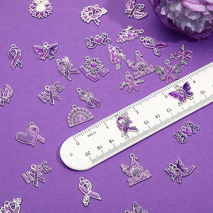 MARFOREVER 40 Pcs/20 Pairs Domestic Violence Charms for Jewelry Making, Purple Ribbon Awareness Charm Alzheimers Pancreatic Cancer Charms Lupus Awareness Pendants for Bracelet Necklace Earrings Making