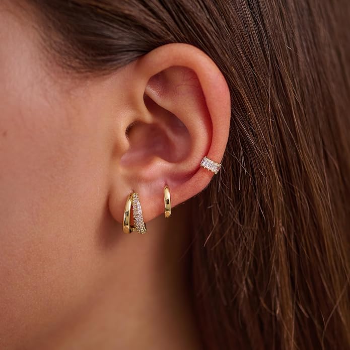 4Pairs Statement Gold Hoop Earrings for Women Trendy,Surgical Steel Gold Plated Hoop Hypoallergenic Earrings Set,Titanium Hoops Earring Stacks,CZ Cartilage Huggie Hoops Earring Gifts for Girlfriend