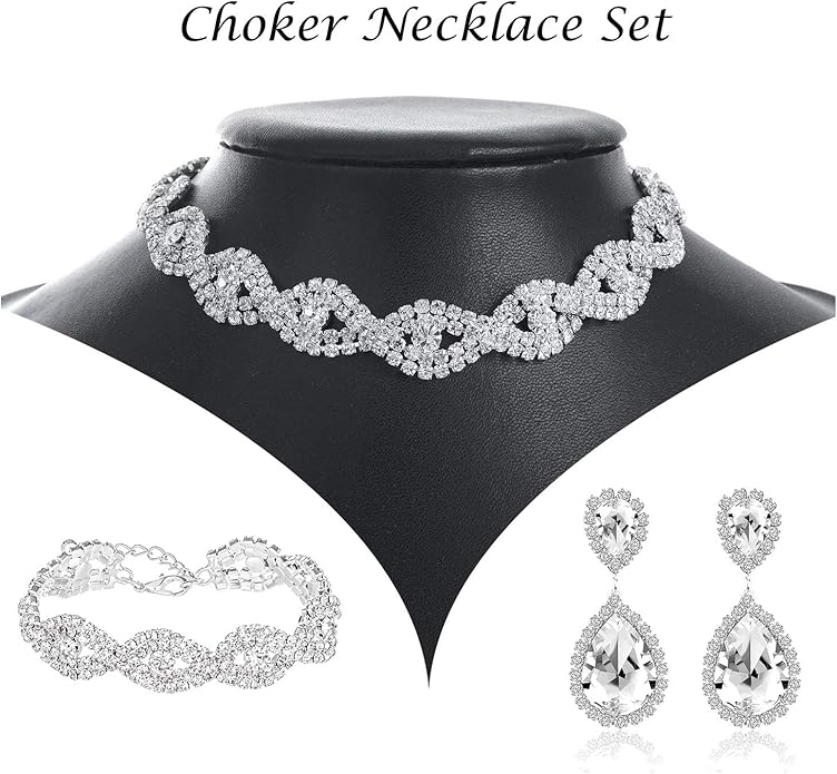 3/4 Pieces Women Jewelry Set Artificial Rhinestone Crystal Bride Statement Choker Necklace Tiara Crown Link Bangle Bracelet Teardrop Dangle Earrings Set