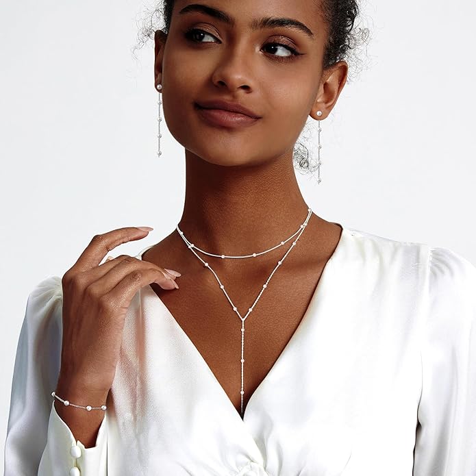 Zeffy Gold Pearl Necklace for Women, Dainty 14K Gold/Silve Plated Layered Pearl Choker Pearl Earrings Pearl Bracelets Wedding Trendy Gold Jewelry Set for Women Gifts