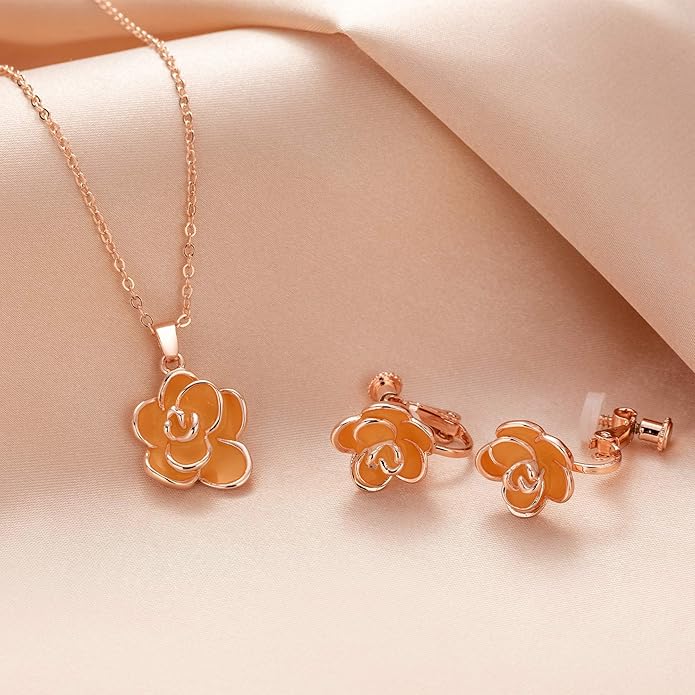 Dainty Rose Flower Pendant Necklace Clip On Earrings Set for Women 14K Gold Plated Hypoallergenic Jewelry Sets