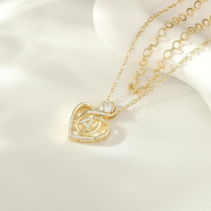 Heart Letter Necklaces for Women 14K Gold Plated Cubic Zirconia Heart Initial Layered Necklace Infinity Pendant Necklace Letter Initial Jewelry for Women