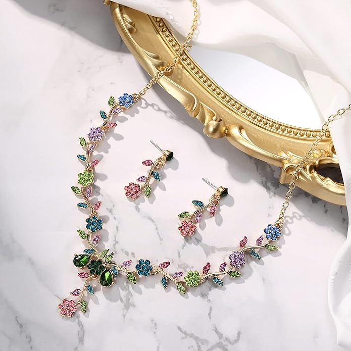 BriLove Women's Wedding Jewelry Leaf Cluster Flower Crystal Dangle Earrings Pendant Necklace Set for Bridal