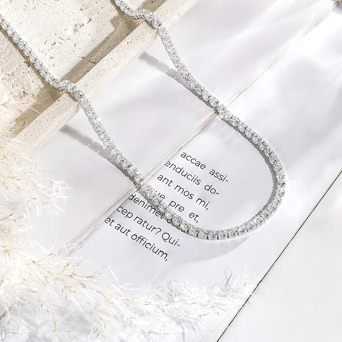 Tennis Necklace for Women, 14K Gold/Silver Plated Rhinestone Choker Necklace for Women, Dainty Cubic Zirconia Cut Faux Diamond Chain