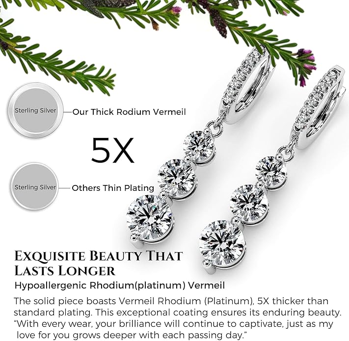Moissanite Three-stone Diamond Drop Earrings for Women S925 Rodium Vermeil Sterling Silver Trilogy Dangle for Wife Girlfriend Mom Gifts for Her Daughter on Birthday Wedding Anniversary