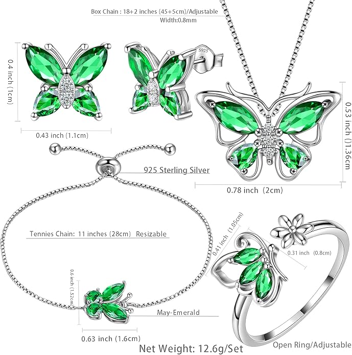 Aurora Tears Butterfly Jewelry,Women 925 Sterling Silver Butterflies Birthstone Pendant Necklace/Earrings/Rings Wedding Gift