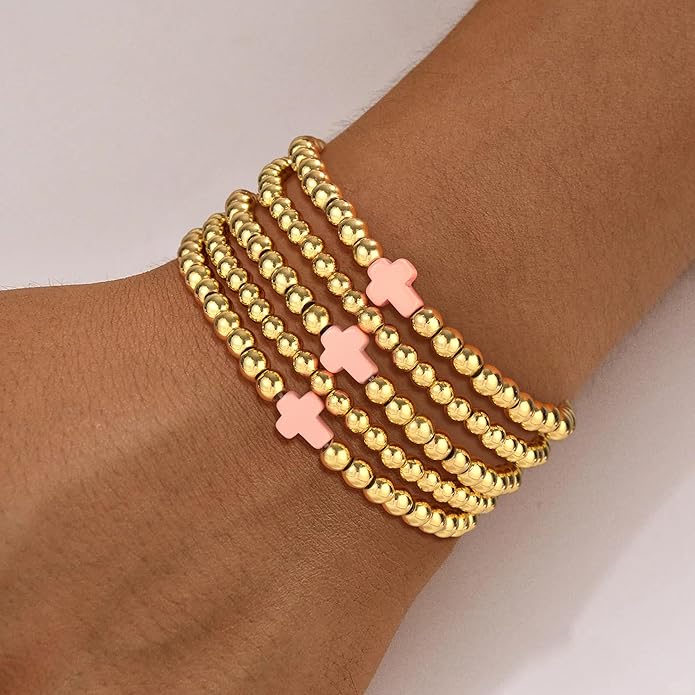 Gold Bead Bracelets for Women Girls - 14K Gold Plated Dainty Round Bead Ball Pearl Cross Bracelet Stack for Women Teenage Girls Stackable Jewelry Christmas Gifts