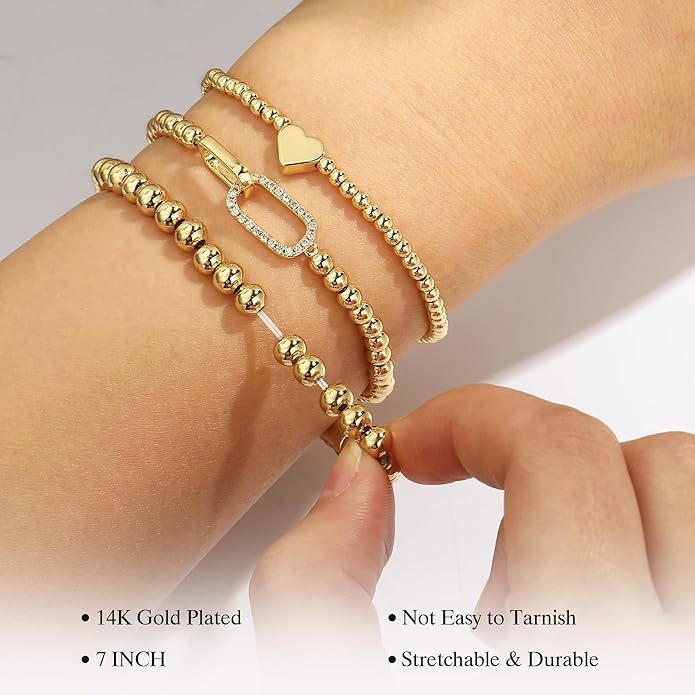 Turandoss Gold Bracelets for Women - Dainty 14K Gold Plated Bow Cross Beaded Bracelets for Women Stackable Heart Bead Bracelet Set Wave CZ Round Ball Bracelet Valentine's Day Gifts for Her