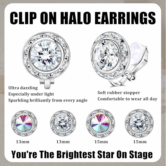 Clip on Dance Earrings for Women Crystal Halo Rhinestone Earrings for Competitions Performance Stage Wedding Party