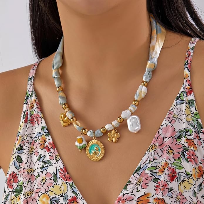 RINHOO FRIENDSHIP Silk Scarf Necklace for Women - Adjustable Boho Vintage Bandana Choker with 18K Non-Tarnish Gold Charms (Assorted Pendants & Patterns) Layered Jewelry Gift Box