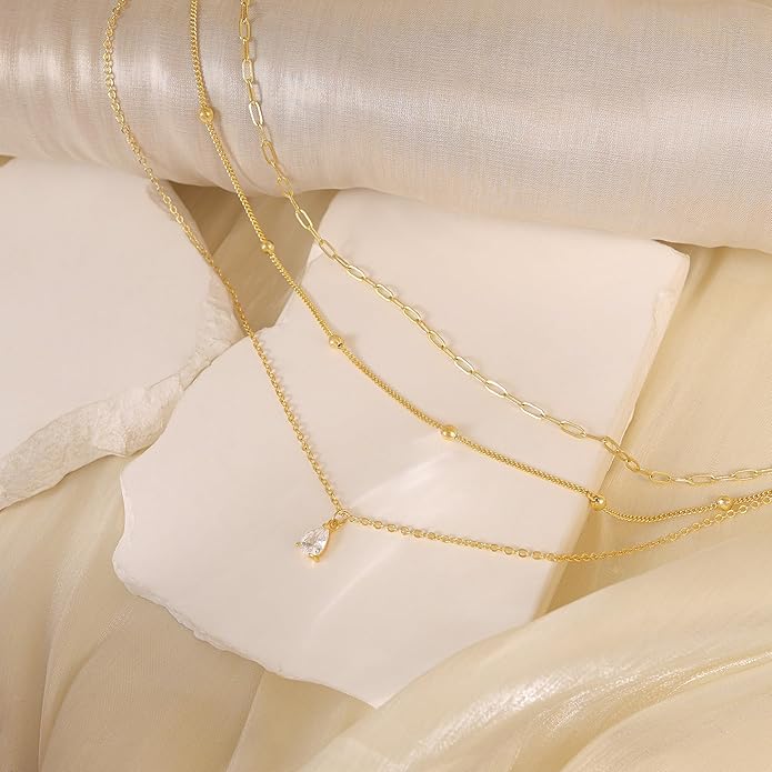Layered Necklaces for Women,Dainty 14k Gold Plated CZ Layered Choker Necklace for Women Trendy Non Tarnish Hypoallergenic Beaded Paperclip Chain Necklace Stack Women's Minimalist Gold Jewelry Gifts