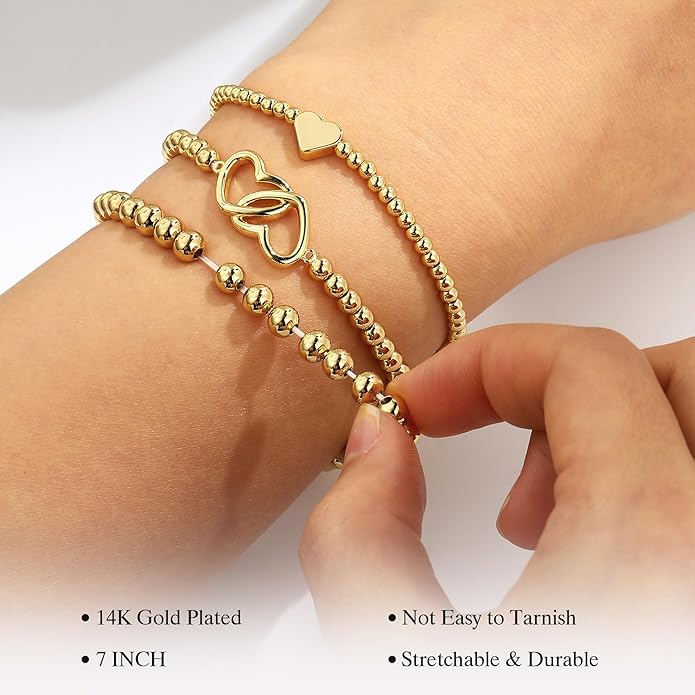 Turandoss Gold Bracelets for Women - Dainty 14K Gold Plated Bow Cross Beaded Bracelets for Women Stackable Heart Bead Bracelet Set Wave CZ Round Ball Bracelet Valentine's Day Gifts for Her