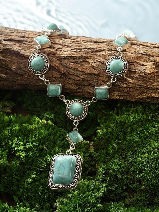 MINACHI Bohemian Created Turquoise Beaded Y-Necklace, Turquoise-toned Multi-shaped Pendant, Dainty Elegant Jewelry for Women