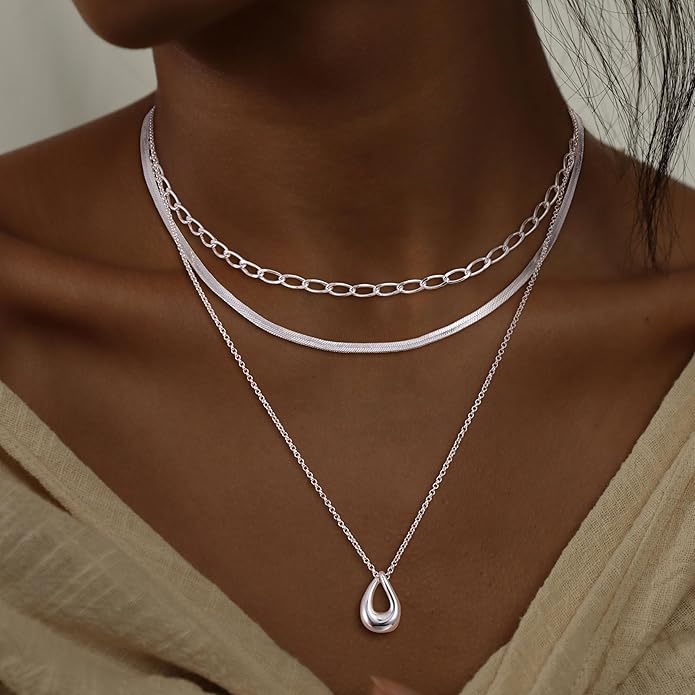 NECOCY Valentine's Day Gift 14k Gold/Silver Plated Layered Gold Necklaces for Women, 3Pcs Dainty Herringbone Choker Set, Trendy Stack Simple Chain Layering Pendant Jewelry