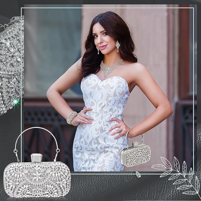 Quelay 4 Pcs Purse Rhinestone Jewelry Set Evening Clutch Bag Bling Crystal Necklace Dangle Earrings Bracelets Accessories