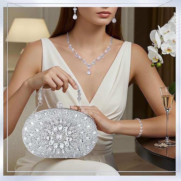 Quelay 4 Pcs Purse Rhinestone Jewelry Set Evening Clutch Bag Bling Crystal Necklace Dangle Earrings Bracelets Accessories