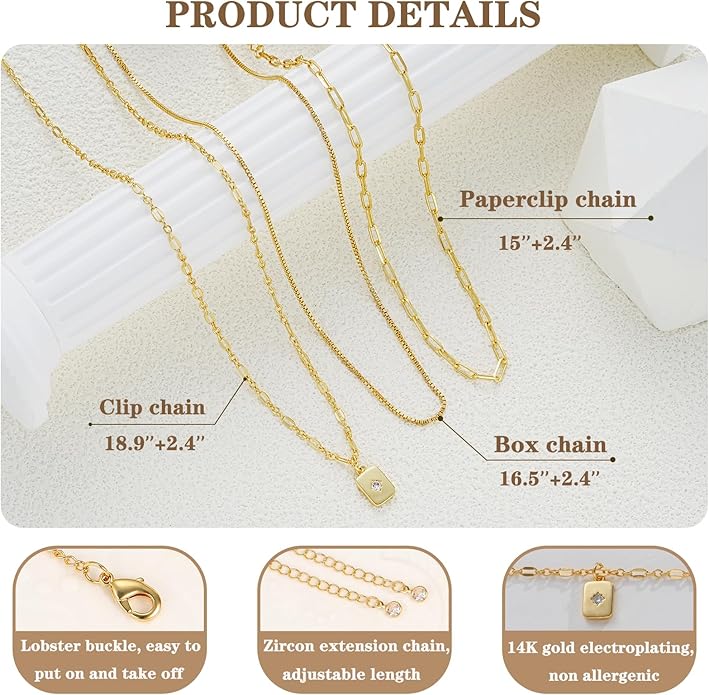 YEEZII Layered Gold Necklaces for Women Trendy, 3 Pcs 14K Gold Plated Choker Paperclip Box Chain Necklace, Stackable Women's Gold Pendant Necklaces Jewelry Set