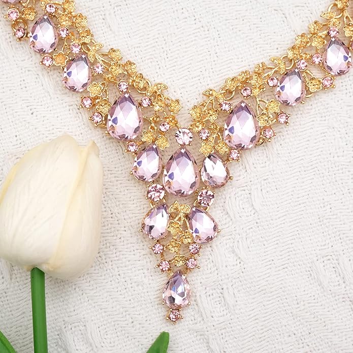 CSY Elegant Crystal Costume Jewelry Sets Flower Bridal Necklace Earrings Stretch Bangle Set for Bride Bridesmaid Wedding Dress Accessories