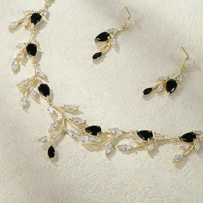 EVER FAITH Wedding Jewelry for Bride Women Bridesmaid, Sparkly Cubic Zirconia Pear-Shaped Birthstone Leaf Necklace Earrings Set for Prom