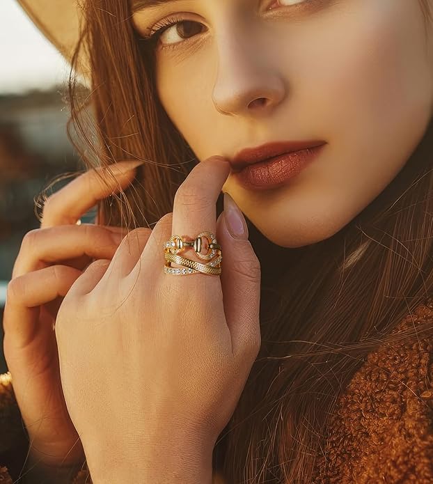 Gold Rings for Women Fashion Vintage Chunky Statement Punk Marcasite Ring Multiple Rows Band Costume Jewelry for Her