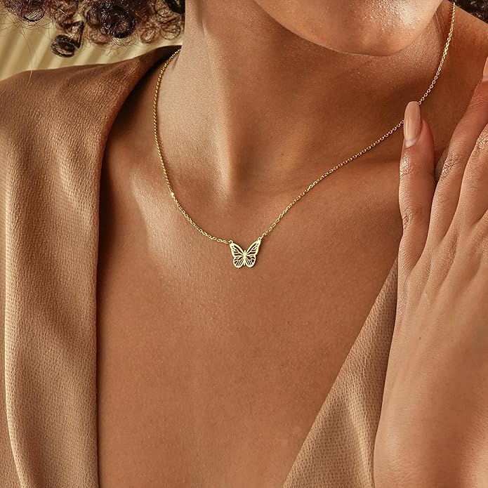 14K Gold Plated Dainty Pendant Butterfly Bead Boot Bee Baseball Flower Compass Airplane Heart Hummingbird Tree Necklace Simple Jewelry Gift for Women