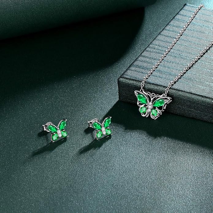 925 Sterling Silver Birthstone Butterfly Jewelry Women Crystal Animal Cute Butterflies Birthday Necklace/Earring/Ring/Bracelet Sets Birth Stone Statement Anniversary Jewellery