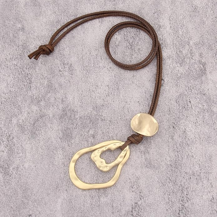 Boho Leather Necklace Women Bohemian Brown Circle Pendant Necklace Choker Long Necklaces for Women Boho Ring Large Pendant