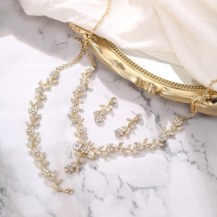 BriLove Women's Wedding Jewelry Leaf Cluster Flower Crystal Dangle Earrings Pendant Necklace Set for Bridal
