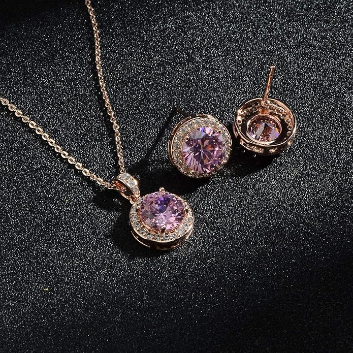 Bridal Crystal Jewelry Set - Sterling Silver Round Cubic Zirconia CZ Rhinestone Halo Birthstone Pendant Necklace Stud Earrings Set for Wedding Bride Bridesmaids Birthday Gift